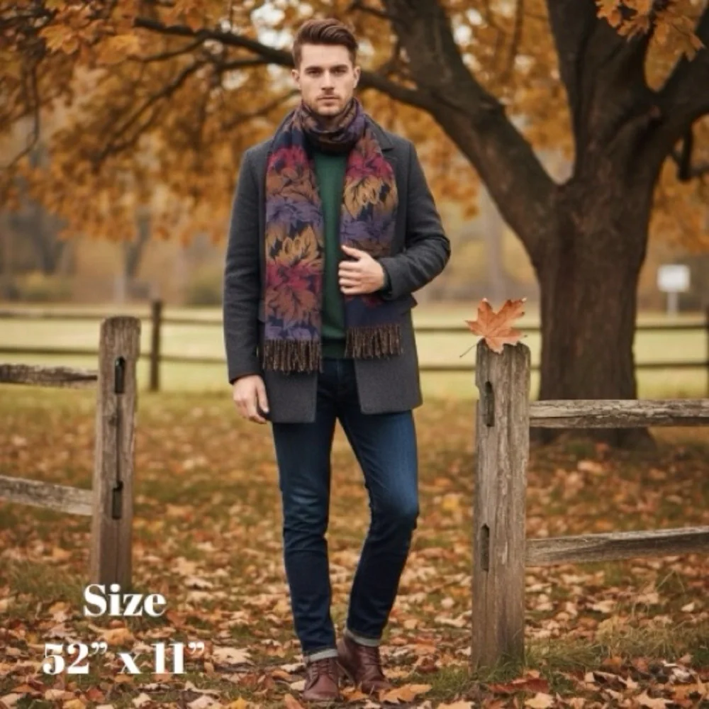 Scarf Boho Nice and Soft Leaf Print with Fringe in Beautiful Fall Colors OS